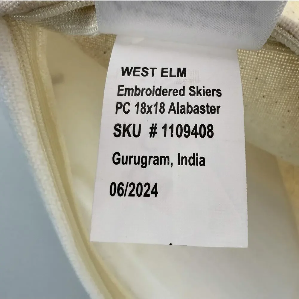 West Elm Embroidered Skier Pillow Cover 18x18 Alabaster Cotton Winter Decor New